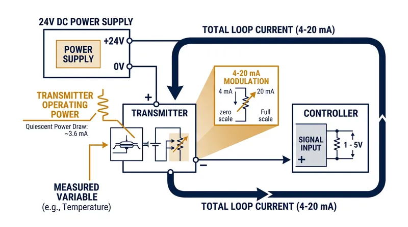 In a two-wire loop, the same pair of cables delivers 24-volt operating power and returns the modulated measurement signal.