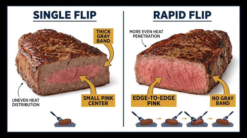 The thermal bottleneck in single-flip grilling creates a thick gray band of overcooked muscle fibers.