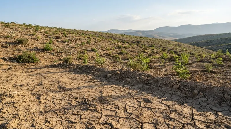 Aerial view showing a stark contrast between dry, degraded land and a lush, restored green forest.