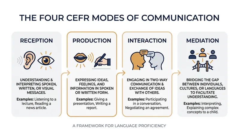 The framework moves beyond the traditional four skills, categorizing language use into four dynamic communicative modes.