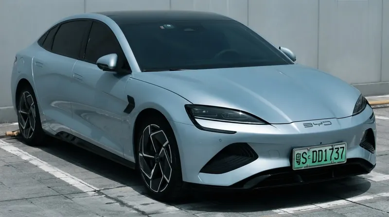 A Tesla Model Y and a BYD electric vehicle parked next to each other at a charging station.