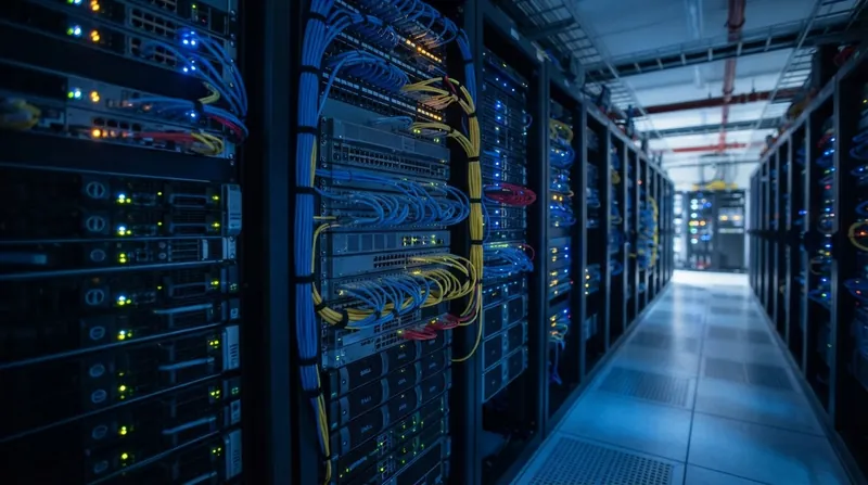 Rows of blue and yellow ethernet cables plugged into a network switch in a data center.