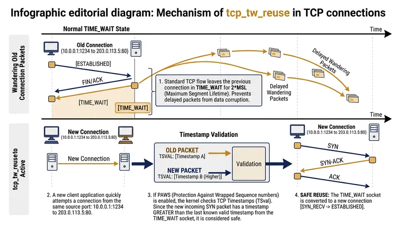 The tcp_tw_reuse parameter allows safe port recycling by using timestamps to distinguish new traffic from delayed packets.