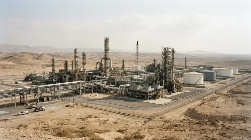 Thick black smoke and flames rising from an industrial oil refinery complex in a desert setting.