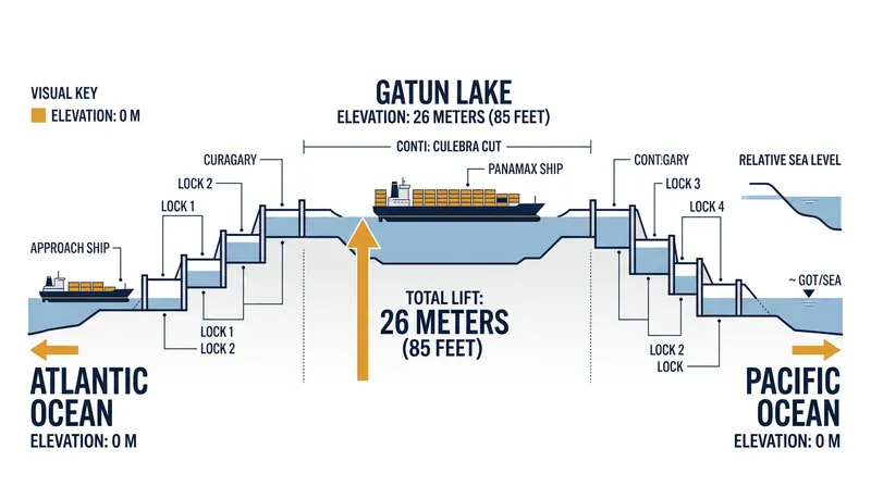 Ships are lifted 26 meters above sea level to cross the isthmus via Gatun Lake.