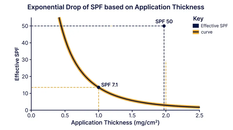 Because UV filters block light exponentially, halving the application thickness reduces the SPF to its square root.