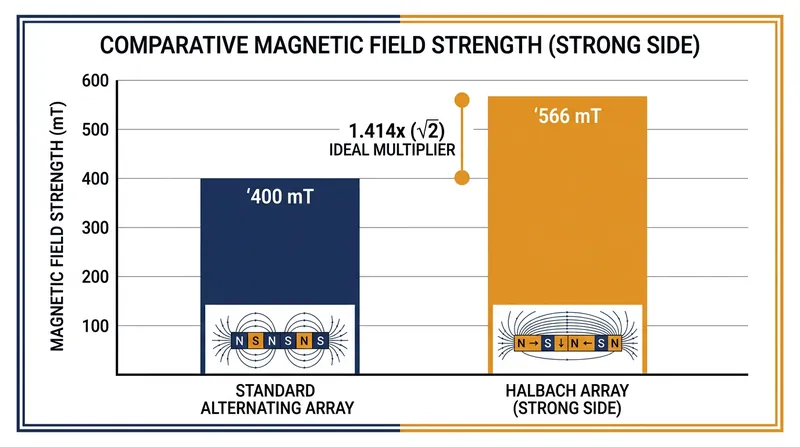 An ideal Halbach array generates a magnetic field roughly 1.4 times stronger on its working face than a conventional alternating array of the same volume.