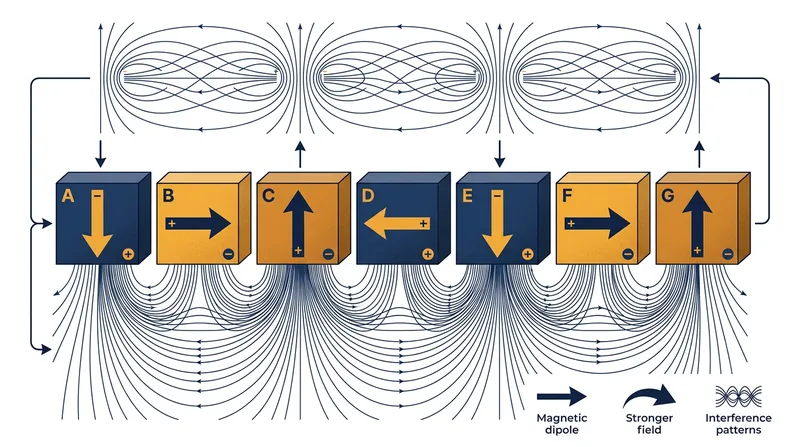 By rotating the magnetization direction 90 degrees per segment, a Halbach array cancels flux on one side and amplifies it on the other.