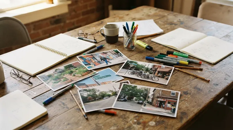 A diverse group of community members sitting around a table in a well-lit room, pointing at and discussing printed photographs.