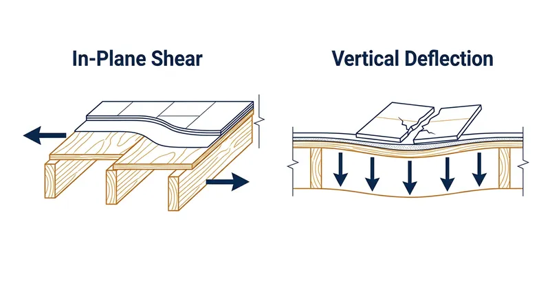 Membranes absorb horizontal shear from expanding wood, but offer no resistance to downward bending.