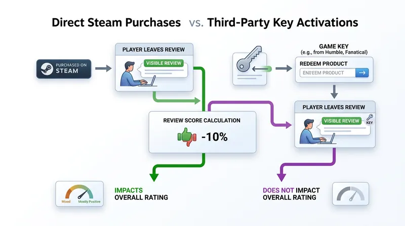 Only reviews from direct Steam purchases factor into the mathematical score, filtering out third-party keys.