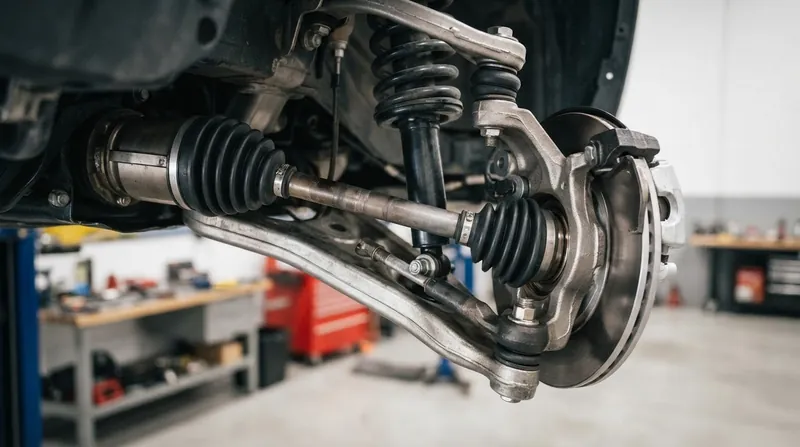 The underside of a front-wheel-drive car on a mechanic's lift, showing the transverse engine and unequal half-shafts.