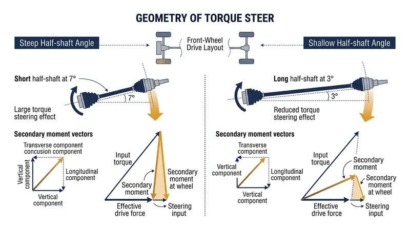 The steeper articulation angle of the short shaft generates a stronger secondary twisting force against the steering axis.