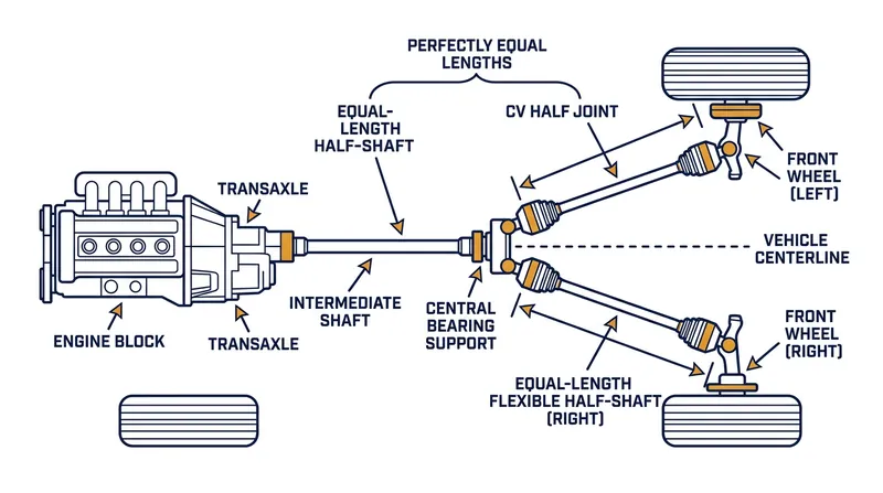 An intermediate shaft bridges the gap from the offset differential, allowing both flexible half-shafts to be identical in length.
