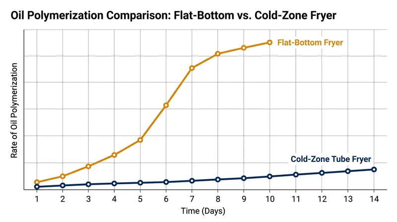 Isolating sediment in a cold zone drastically slows the chemical breakdown and polymerization of frying oil.