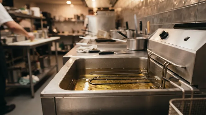A gleaming stainless steel commercial deep fryer with clear golden oil and a suspended wire basket.