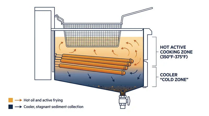 Suspending the heating elements creates a distinct temperature divide, allowing debris to sink into a cooler area without burning.