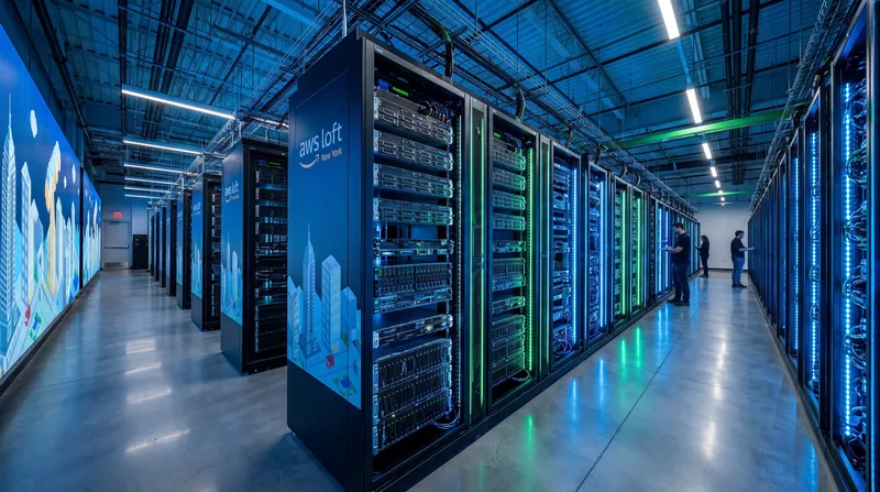 A brightly lit interior corridor of a modern data center lined with tall server racks.
