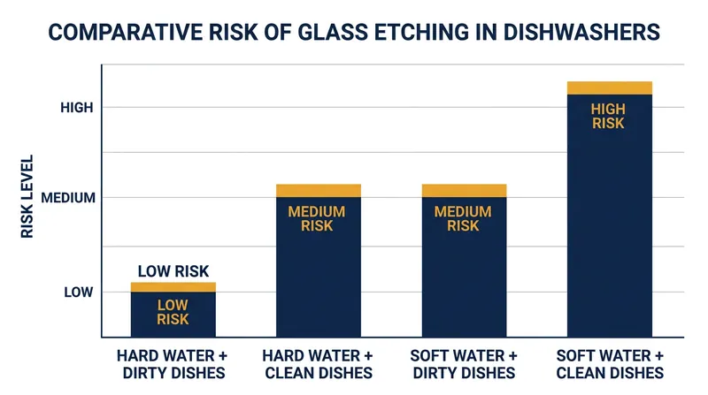 The combination of soft water and pre-rinsed dishes creates the highest risk for permanent glass etching.