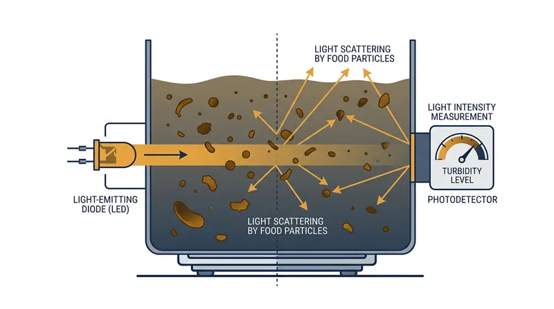 Turbidity sensors measure light attenuation to determine how dirty the wash water is.