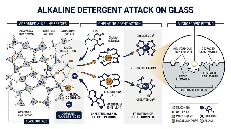 Without food soils to break down, highly alkaline detergents extract metal ions directly from the glass structure.
