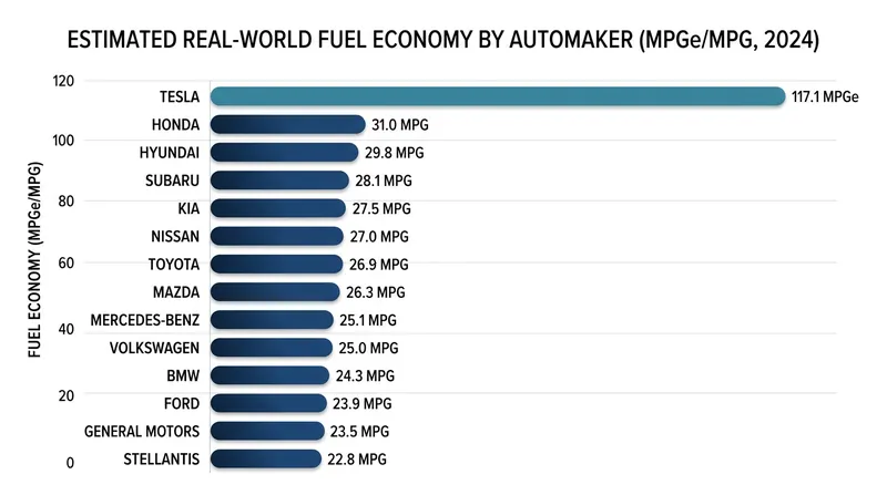 Manufacturer fuel economy averages reveal a massive gap between electric-only and truck-heavy lineups.