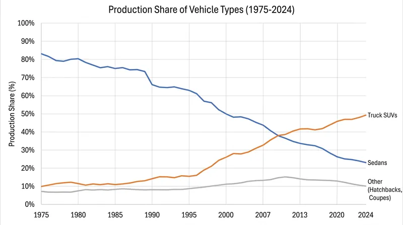 The collapse of the sedan market and the rise of the truck-classified SUV.