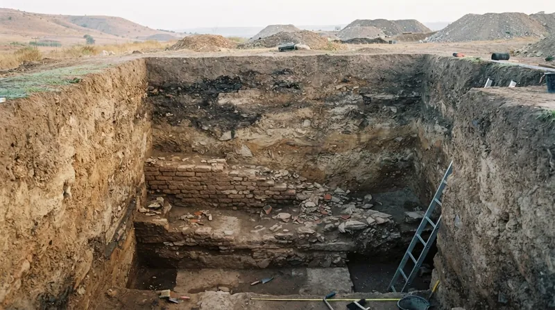 A vertical cross-section of an archaeological trench showing distinct layers of soil, ash, and stone foundations.