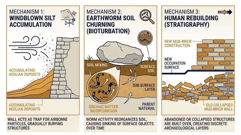 The three primary forces that drive the deep burial of terrestrial ruins.
