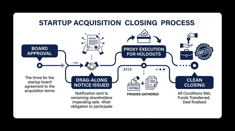 The drag-along notice initiates a strict timeline that allows the company to bypass dissenting shareholders via irrevocable proxies.