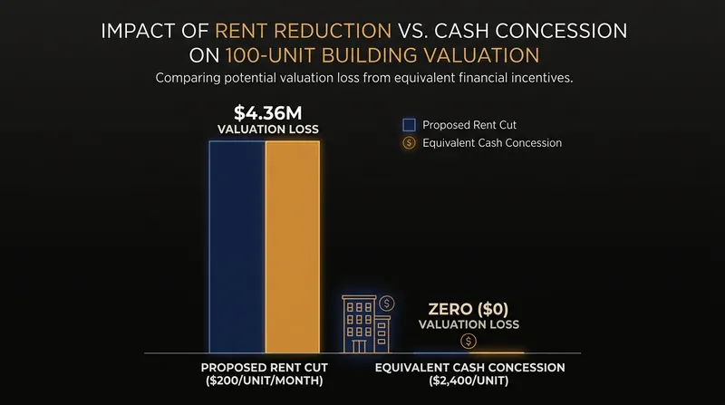 A small monthly rent reduction destroys millions in equity, while a one-time cash concession preserves the building's value entirely.