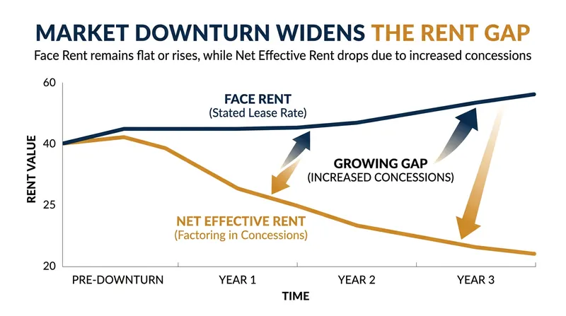 During market downturns, the gap between the official face rent and the actual cash paid by tenants widens significantly.