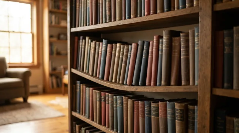 A wooden bookcase filled with heavy hardcover books showing a noticeable downward curve in the middle shelf.