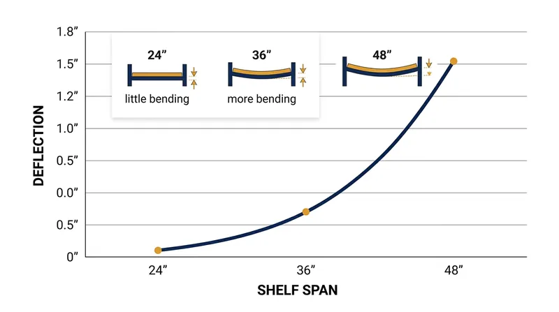 Because deflection scales with the fourth power of the span, a 48-inch shelf sags sixteen times more than a 24-inch shelf under a uniform load.