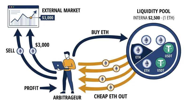 Arbitrageurs extract risk-free profit by buying underpriced assets from the pool until the internal ratio matches the external market.