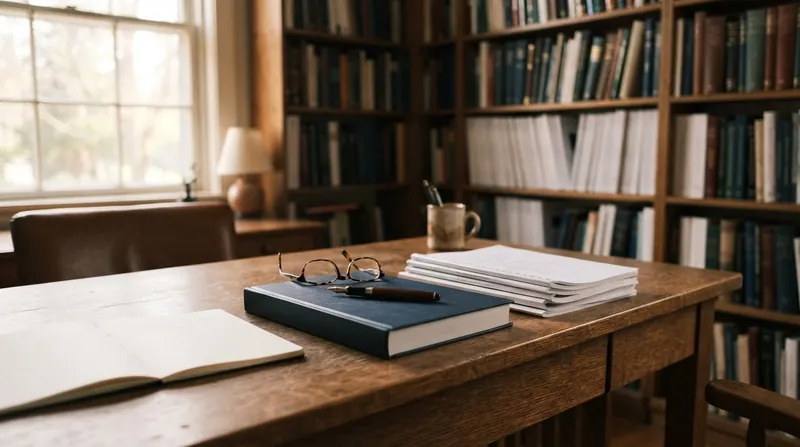 A university examination committee sits around a large wooden table reviewing a doctoral thesis portfolio.