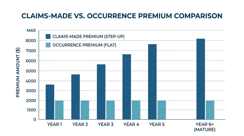 Claims-made premiums step up over the first five years as the retroactive exposure window grows.
