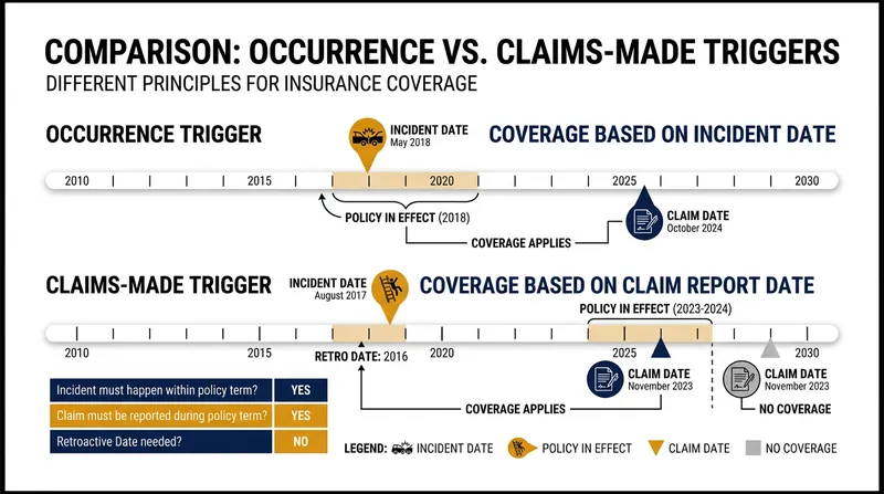 Occurrence policies lock to the incident date, while claims-made policies lock to the reporting date.