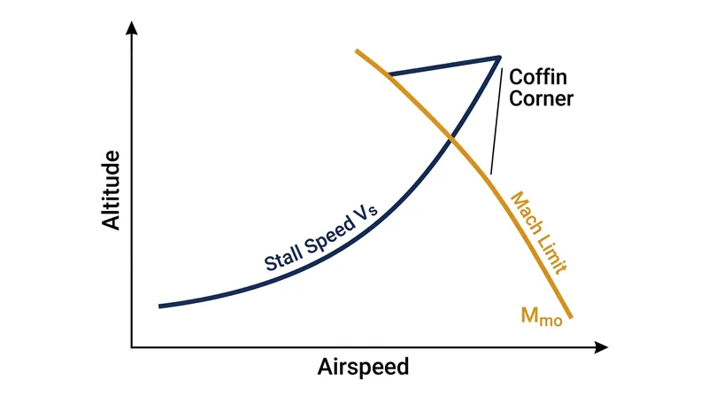 As altitude increases, the rising stall speed and falling critical Mach number converge to form the Coffin Corner.