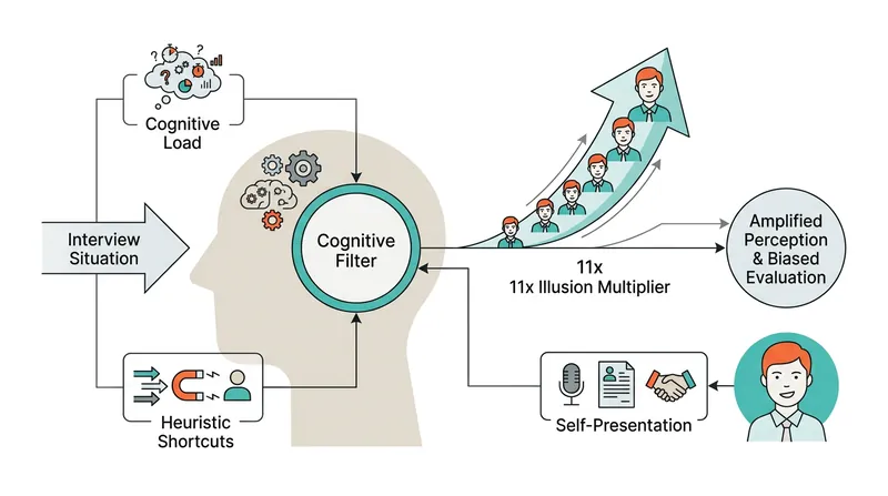 Under cognitive load, interviewers frequently rely on heuristic shortcuts, amplifying the impact of a candidate's self-presentation.