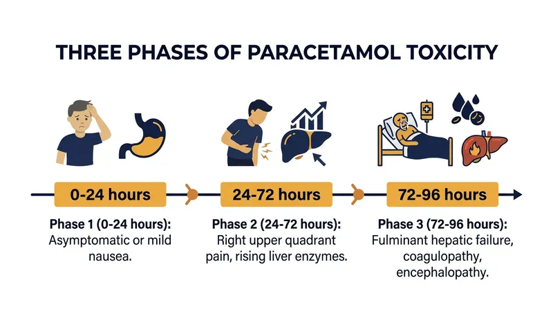 The deceptive nature of paracetamol poisoning often causes patients to delay seeking care during the critical first 24 hours.