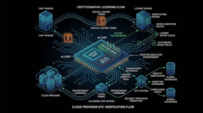 Proposed enforcement mechanisms include identity verification by cloud providers and on-chip cryptographic licensing.