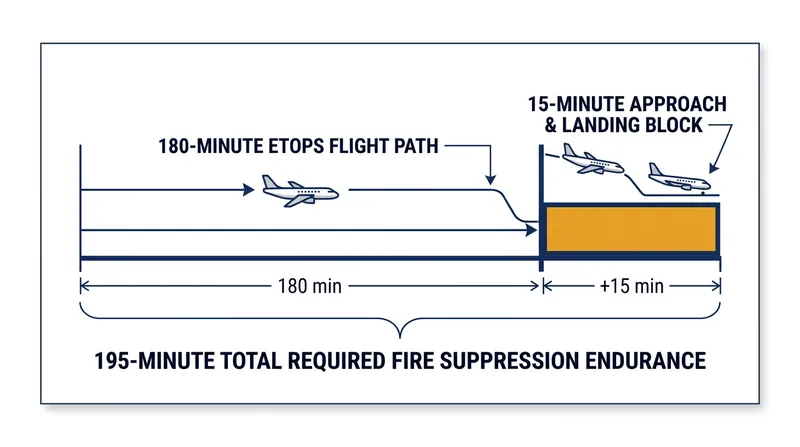 Cargo fire suppression systems must outlast the maximum diversion time by a mandatory 15-minute buffer.