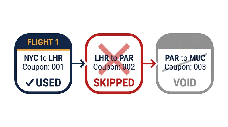 Under IATA rules, an electronic ticket is a sequence of dependent coupons. Skipping one immediately invalidates all subsequent coupons.