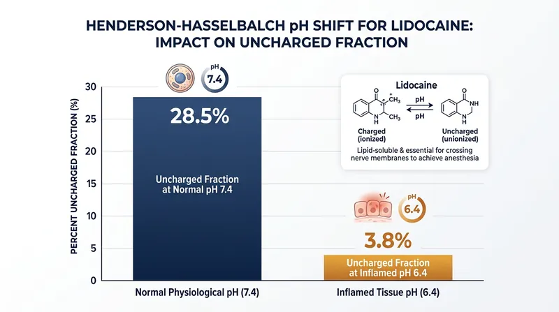 The effective penetrating dose of lidocaine collapses by 86 percent when tissue pH drops from 7.4 to 6.4.