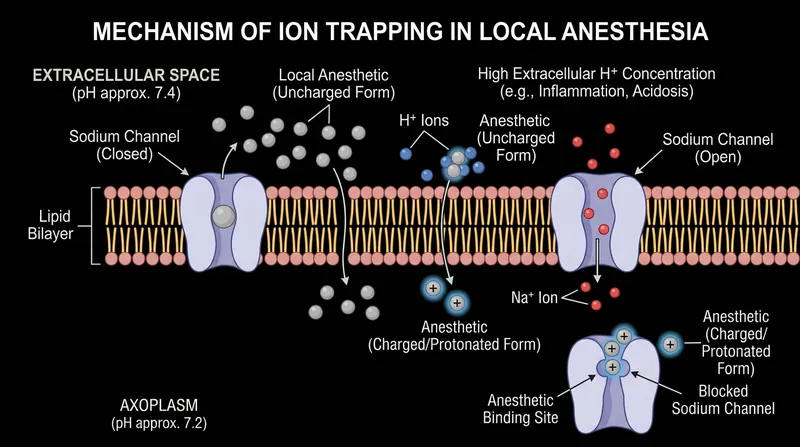 Ion trapping occurs when acidic environments protonate the anesthetic, rendering it water-soluble and unable to penetrate the lipid membrane.