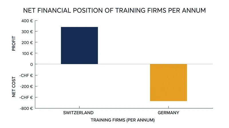 Swiss firms extract a net benefit during the training period, while German firms absorb net costs.