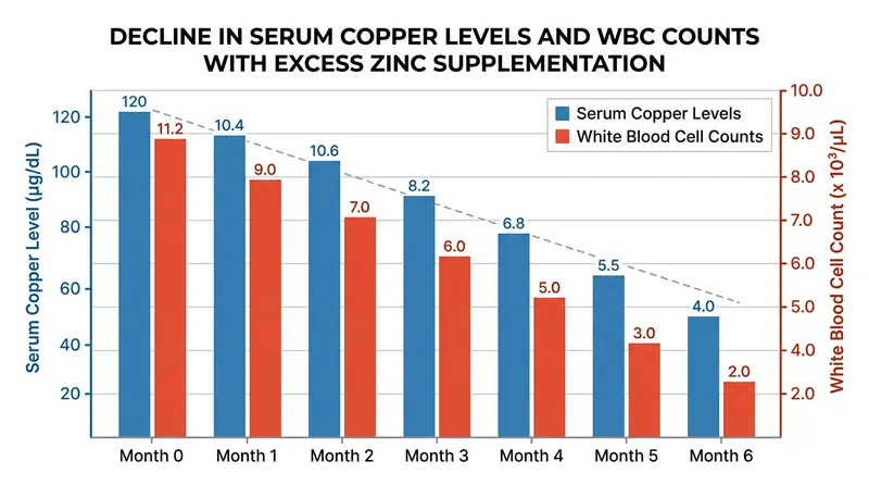 Sustained high zinc intake steadily drains systemic copper reserves over several months.