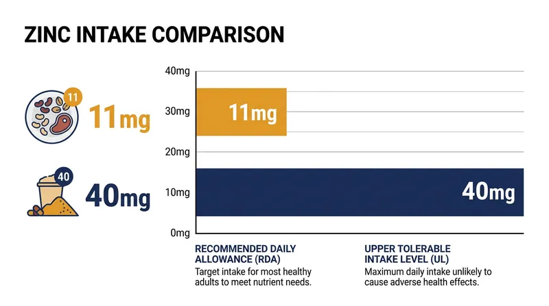 The gap between recommended daily allowances and the upper tolerable intake level for zinc.