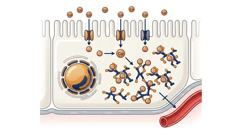 Metallothionein proteins inside the enterocyte bind tightly to dietary copper, trapping it until the cell sheds.